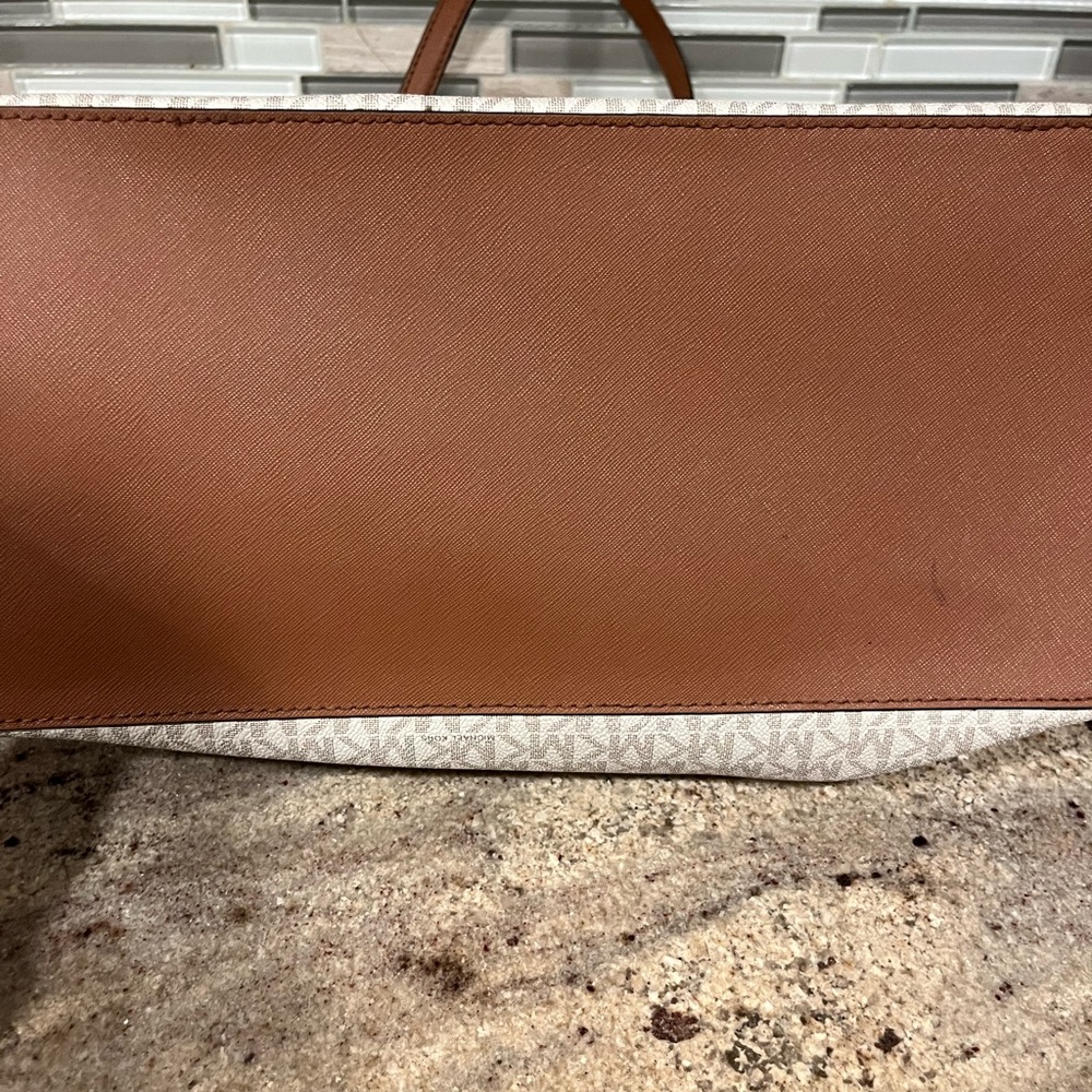 Michael Kors Leather White and Brown MK Logo Tote - Picture 7 of 7